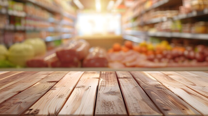 Empty wooden table and supermarket blurred ham sausage background : Generative AI