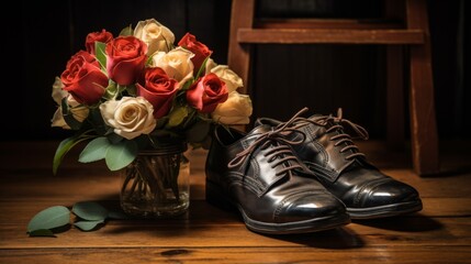 A still life of men's dress shoes paired with fresh roses in a vase, depicting timeless elegance