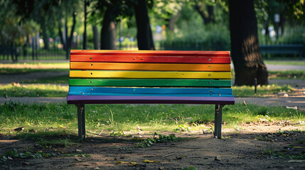 Colorful park bench in pride colors. Vibrant rainbow-painted bench situated in a peaceful park setting, symbolizing diversity and inclusion amidst nature. AI generative..