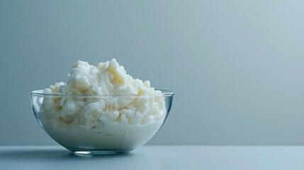 glass bowl filled with smooth white butter on minimal background, fresh dairy product for packaging and food branding
