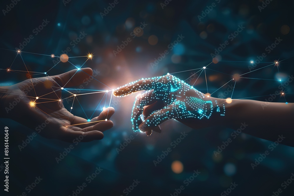 Poster a human hand and an ai robot's finger touch each other, with digital data flowing between them on a 