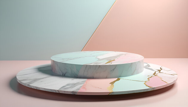Stand platform marple, pastel background,flowers, sky, sea, 3D