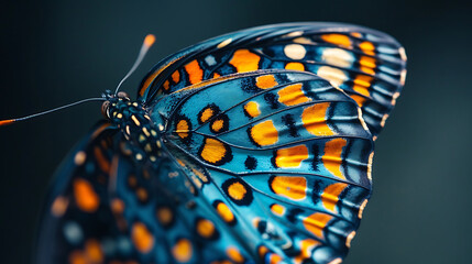 Close-up of butterfly wings with blue and orange colors on the wings and black background