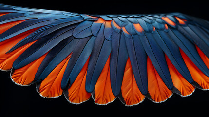Close-up of butterfly wings with blue and orange colors on the wings and black background