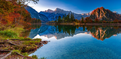 Almsee Austria Lake Mountains Reflection in Autumn Morning, Serene Nature Landscape