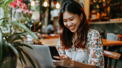 A Filipina entrepreneur happily using her phone in front of her laptop.