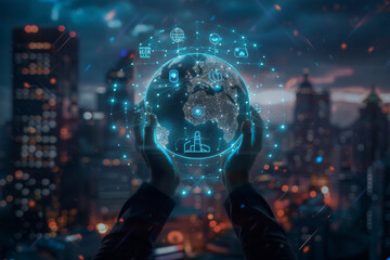 A person is holding a glowing globe in their hands