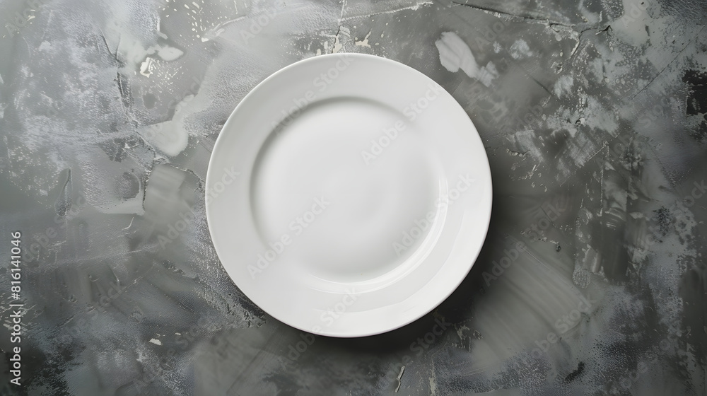 Aufkleber new empty white plate on grey kitchen table top view : generative ai