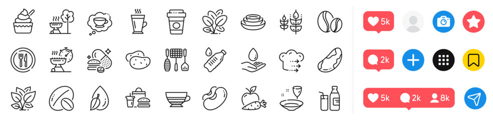 Beans, Plate and Food delivery line icons pack. Social media icons. Ice cream, Gluten free, Water drop web icon. Coffee beans, Water bottle, Fast food pictogram. Milk, Mocha, Latte. Vector