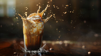 Iced cappuccino coffee splash. Sunlight and cafe background