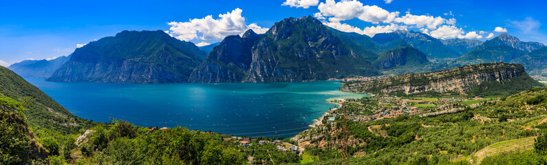 Lake Garda Italy Panoramic Scenic View with Mountains and Blue Water, Summer Landscape