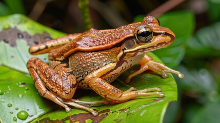 Obraz premium A close-up image of a vibrant orange frog with distinctive patterns resting on a wet green leaf spotlighting nature's diversity
