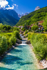 Molveno Lago di Molveno Italy Lake and Mountains with Village and Stream, Dolomites in Background