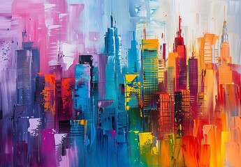 A bright and vibrant abstract painting of cityscape that can serve as an engaging wallpaper or abstract background for best-sellers