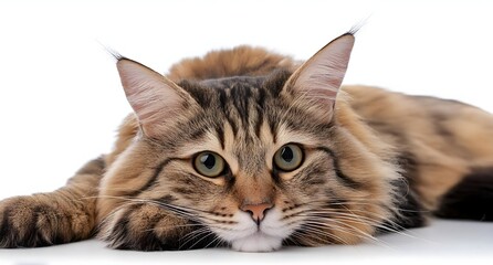 Obraz premium Focused view of a relaxed cat lying down, with every detail of its fur and expression clearly visible against a white background