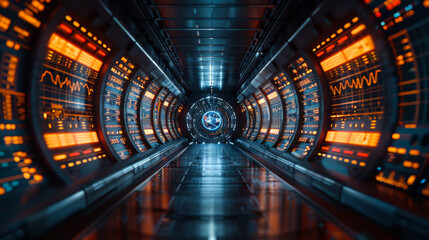 Fototapeta premium A futuristic space station with many computer monitors. The monitors are lit up in orange and blue. The space station is very large and has many different rooms