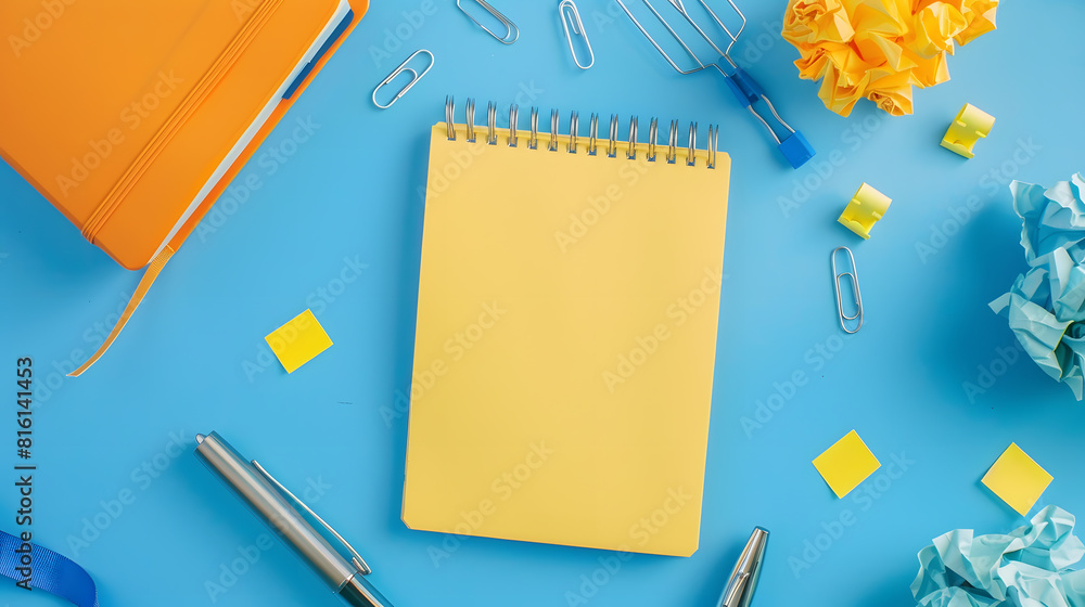Aufkleber Yellow blank sticky notes on top of empty notebook and isolated on blue background with other objects like pen paper clip binder clip crumpled paper Open notepad with office supplies : Generative AI