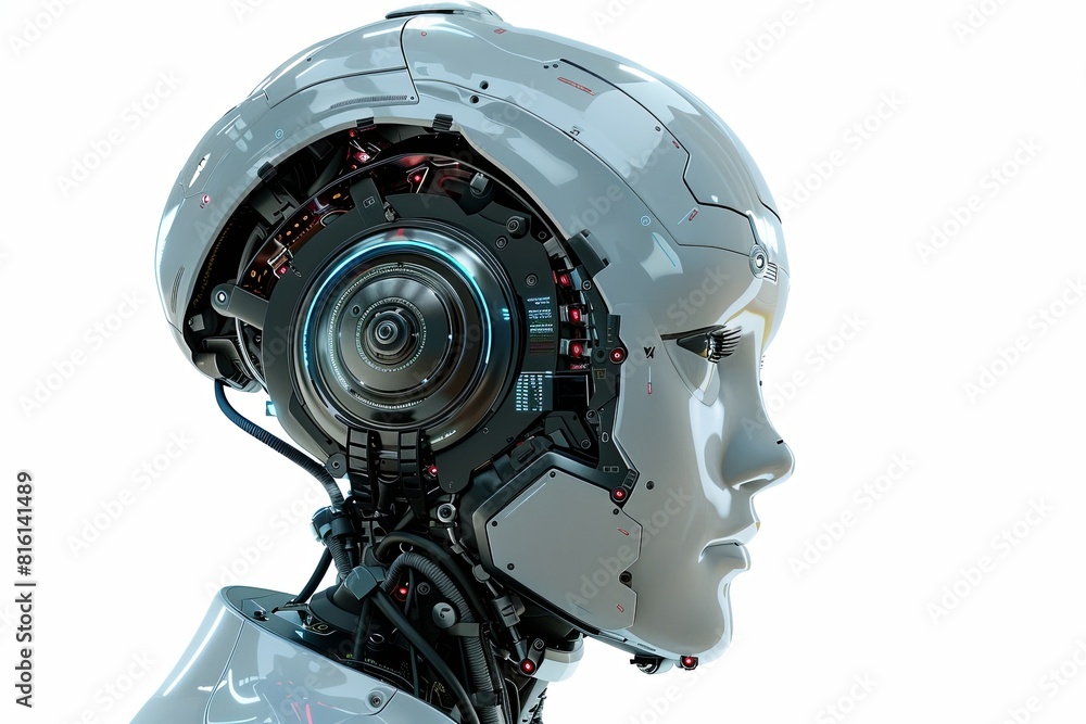 Poster a detailed 3d rendering of an ai robot head with a digital brain engine inside, isolated on a white 