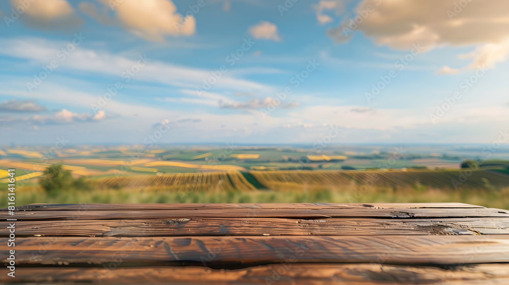 Poster the empty wooden brown table top with blur background of farmland and blue sky exuberant image : gen