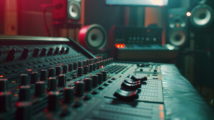 Fototapeta premium Music studio and technology with recording equipment in an empty room for the entertainment industry Interior creative and audio with musical electronics to produce record or control s : Generative AI