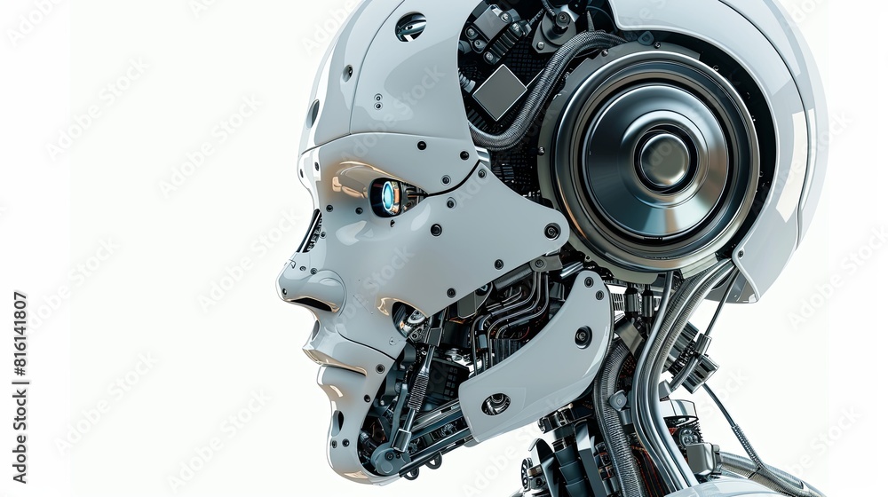 Poster detailed view of an ai robots head with a digital graphic brain engine, rendered in 3d and isolated 