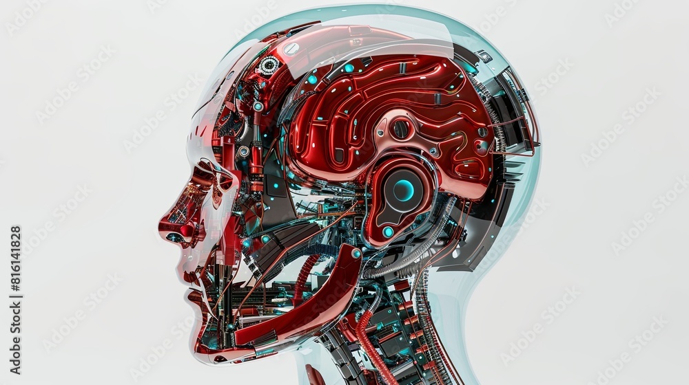 Fototapete a 3d model of a human head with a digital graphic brain engine inside is displayed against a white b