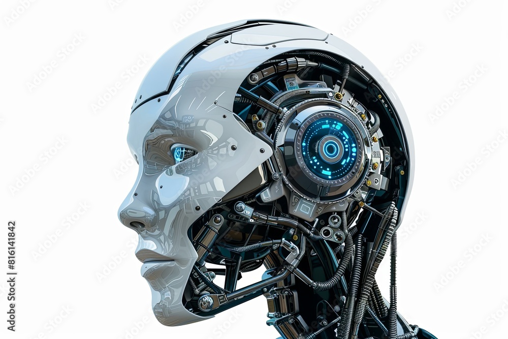 Leinwandbilder A realistic 3D rendering of an AI robot head with blue eyes and a digital graphic brain engine inside, isolated on a white background. Generative AI
