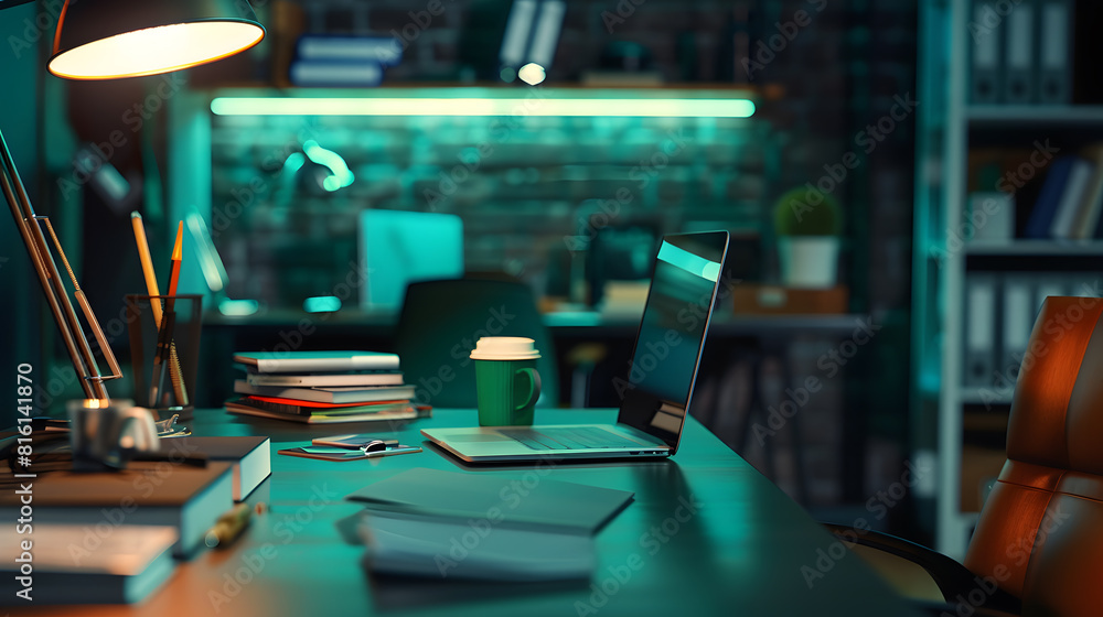 Poster desk workspace business objects in the office on black table background : generative ai