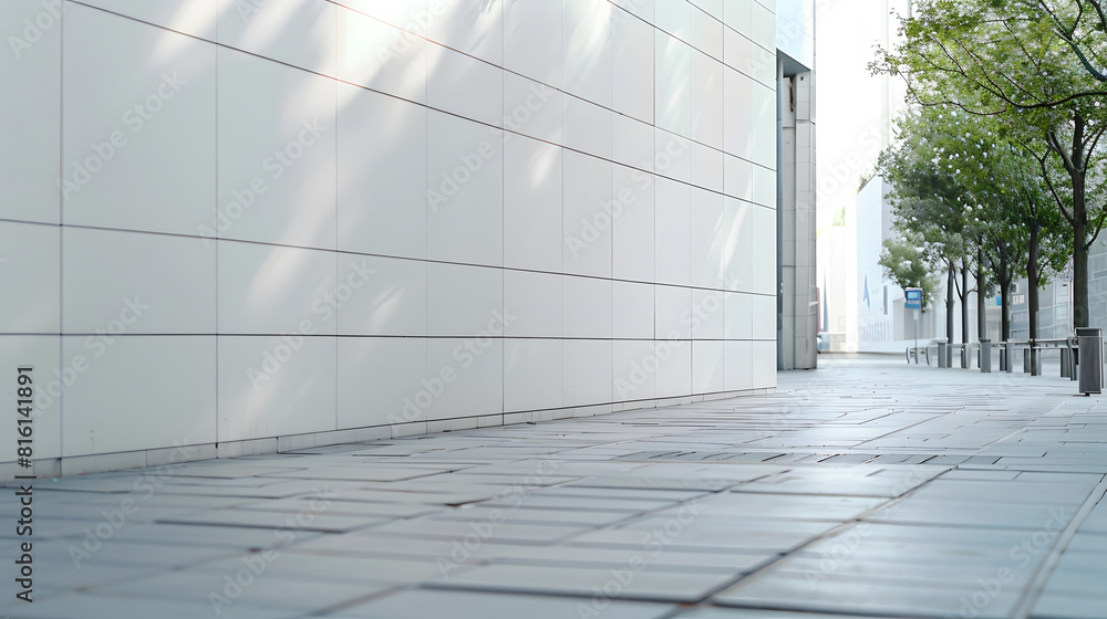 Poster large modern building with high white wall near empty sidewalk covered with grey stone tiles on city street in spring : Generative AI