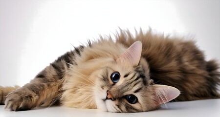 Focused view of a relaxed cat lying down, with every detail of its fur and expression clearly visible against a white background