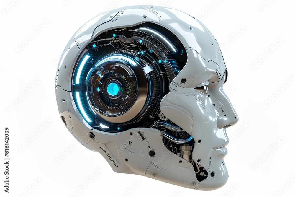 Leinwandbilder A white robot head with blue lights glowing on it, showcasing a futuristic design with AI technology. Generative AI