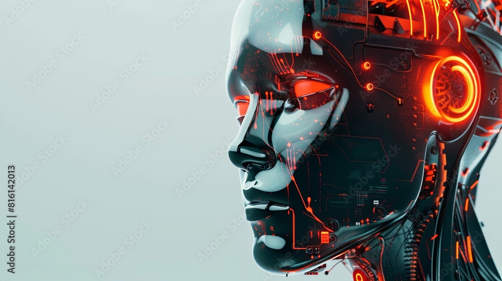 Leinwandbilder close-up view of an artificial intelligence robots head featuring glowing eyes and a digital graphic