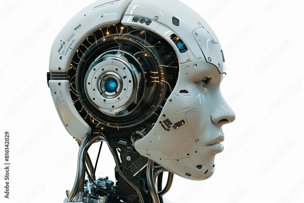 Leinwandbilder a detailed 3d rendering of an ai robot head featuring a blue eye and a digital graphic brain engine,
