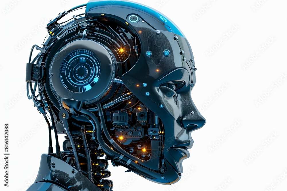 Leinwandbilder detailed view of an ai robot head with a digital graphic brain engine, isolated on a white backgroun