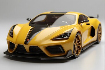 Yellow luxury sports car model with black and yellow rims on white background.