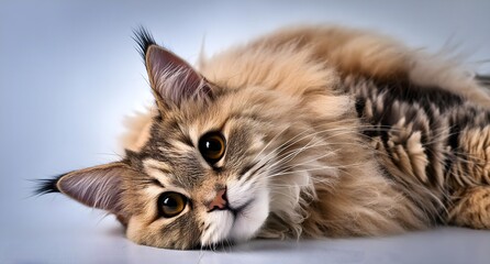 Focused view of a relaxed cat lying down, with every detail of its fur and expression clearly...