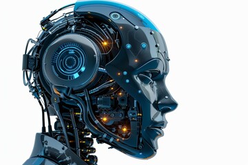 Fototapeta premium Detailed view of an AI robot head with a digital graphic brain engine, isolated on a white background. Generative AI