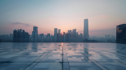 Obraz premium Empty floor and modern city skyline with building at sunrise in Hangzhou China : Generative AI