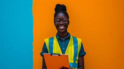 A black ethnicity person wearing a reflective vest, holding a clipboard doing a survey, smiling and looking into camera. - Powered by Adobe