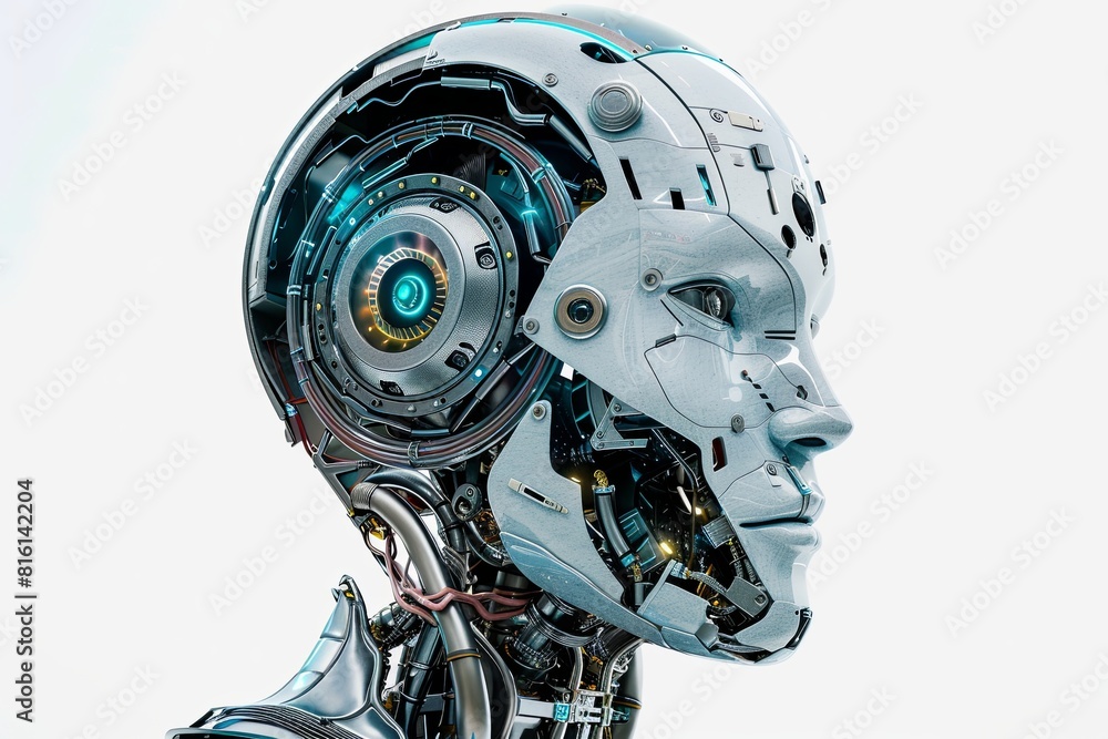 Poster a detailed view of an ai artificial intelligence robot head, showcasing its digital graphic brain en
