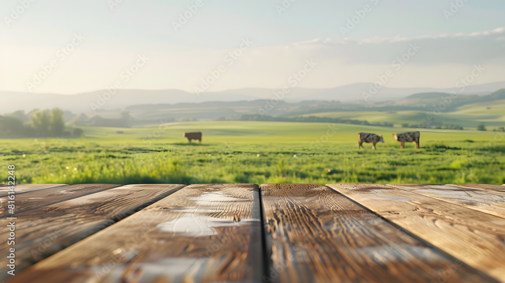 Poster empty wooden table top with grass field and cows background : generative ai