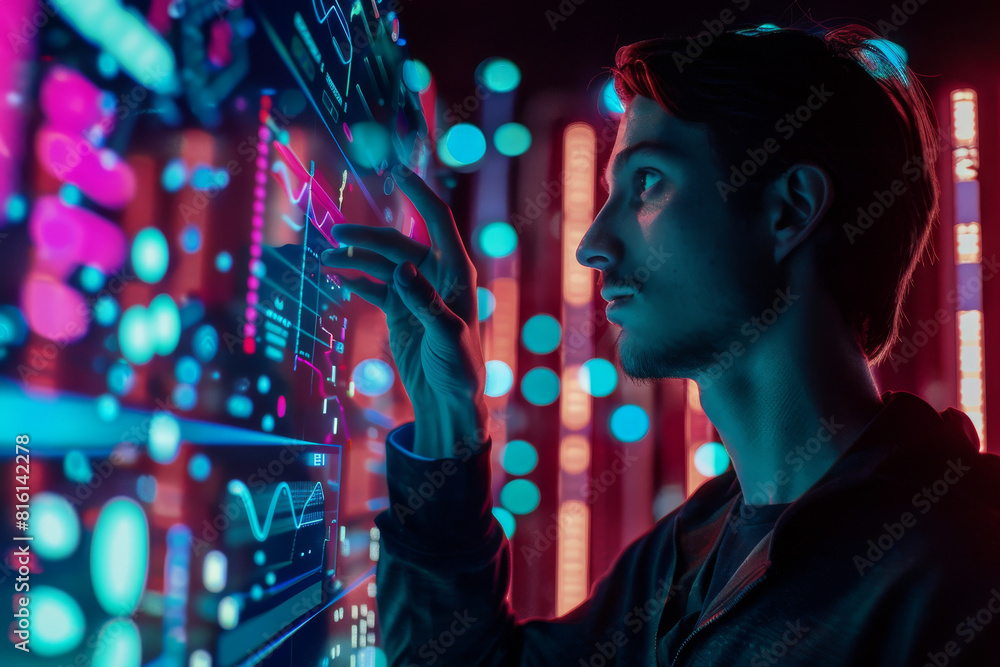 Poster a man is looking at a screen with a graph on it