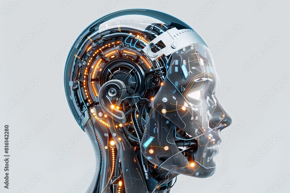 Poster a human head with an ai robot on top, featuring a digital brain inside. the image is in 3d rendering