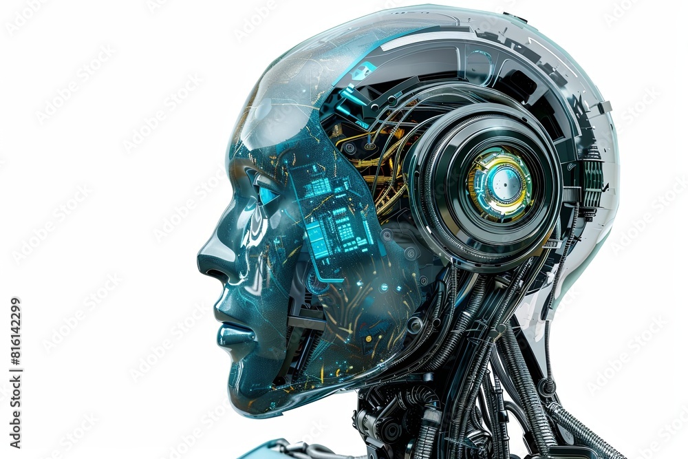 Fototapete A realistic artificial intelligence robot head with glowing blue eyes, showcasing advanced technology and innovation. Generative AI