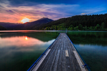 Erlaufsee Lake Austria Sunset Pier Reflection with Mountains and Nature