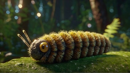 The most realistic beautiful little hairy big-eyed caterpillar in a mystical forest. Pretty little...