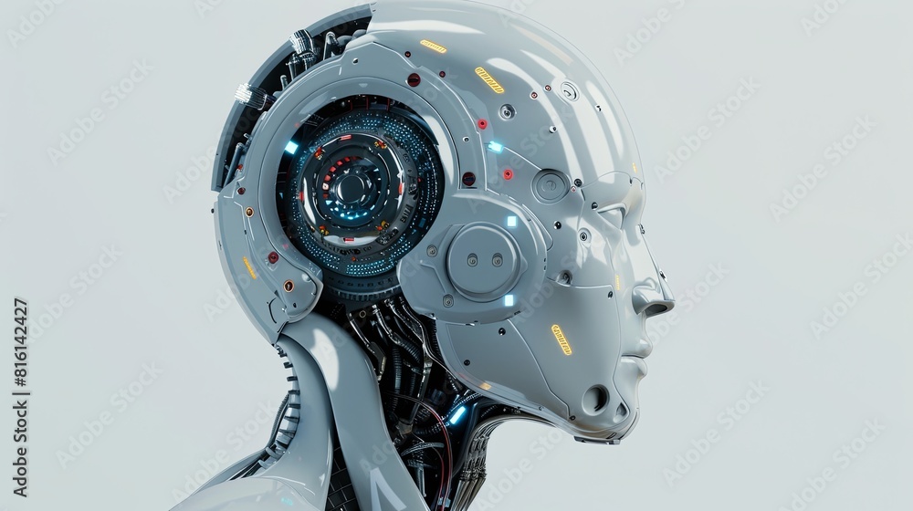 Poster the head of an ai robot with a digital graphic brain engine inside is shown in the background. gener