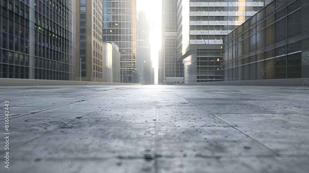 Aufkleber empty concrete floor in front of modern buildings in the downtown street : generative ai
