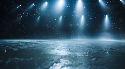 Snow and ice backgroundEmpty ice rink illuminated by spotlights : Generative AI