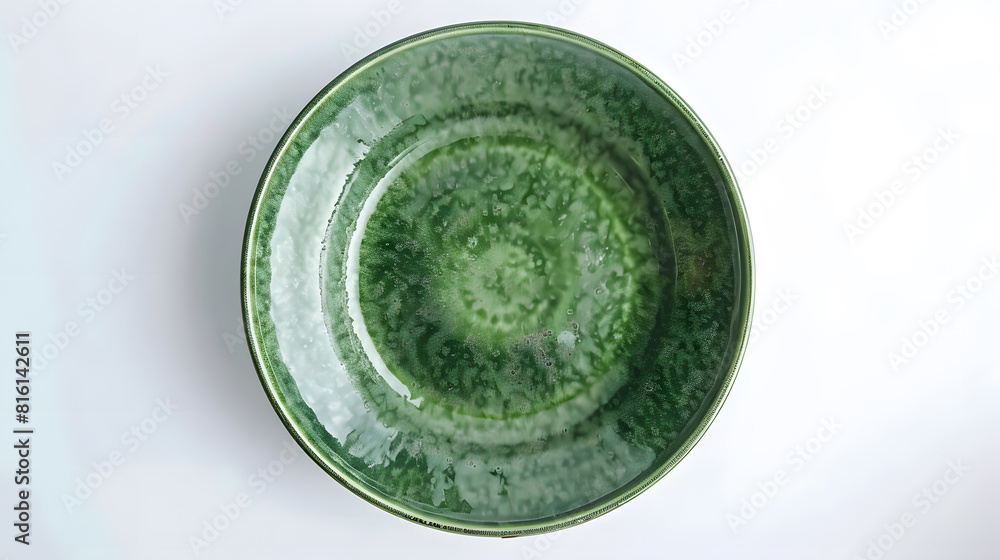 Aufkleber Empty trendy handmade ceramic dish tablewares Round empty plate green texture vintage classic pattern isolate on white background top view cut out : Generative AI